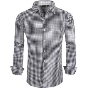 Alex Vando Mens Seersucker Dress Shirts Striped Business Casual Cotton Shirts for Men(Black Check)
