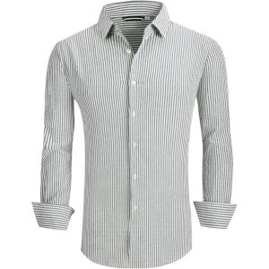 Alex Vando Mens Seersucker Dress Shirts Striped Business Casual Cotton Shirts for Men(Black Stripe)