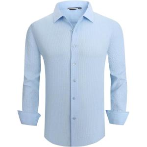 Alex Vando Mens Seersucker Dress Shirts Striped Business Casual Cotton Shirts for Men(Blue)