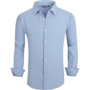 Alex Vando Mens Seersucker Dress Shirts Striped Business Casual Cotton Shirts for Men(Blue Check)