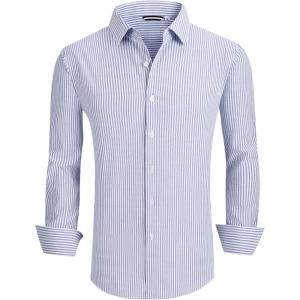 Alex Vando Mens Seersucker Dress Shirts Striped Business Casual Cotton Shirts for Men(Blue Stripe)