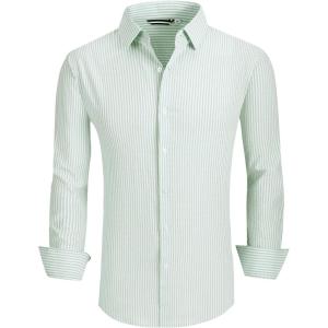 Alex Vando Mens Seersucker Dress Shirts Striped Business Casual Cotton Shirts for Men(Green Stripe)