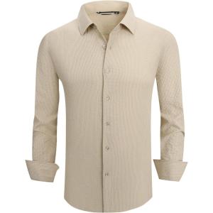 Alex Vando Mens Seersucker Dress Shirts Striped Business Casual Cotton Shirts for Men(Khaki)