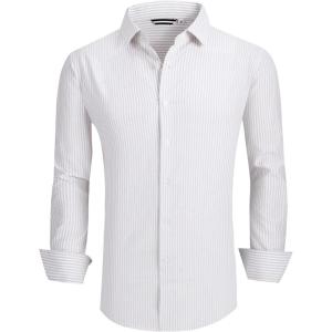 Alex Vando Mens Seersucker Dress Shirts Striped Business Casual Cotton Shirts for Men(Khaki Stripe)
