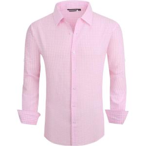 Alex Vando Mens Seersucker Dress Shirts Striped Business Casual Cotton Shirts for Men(Pink Check)