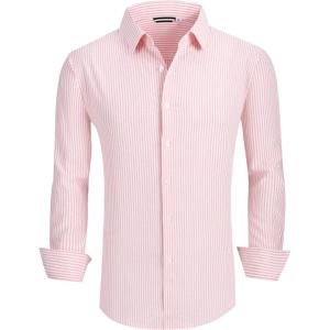 Alex Vando Mens Seersucker Dress Shirts Striped Business Casual Cotton Shirts for Men(Pink Stripe)