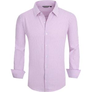 Alex Vando Mens Seersucker Dress Shirts Striped Business Casual Cotton Shirts for Men(Purple Stripe)