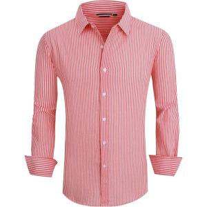 Alex Vando Mens Seersucker Dress Shirts Striped Business Casual Cotton Shirts for Men(Red Stripe)