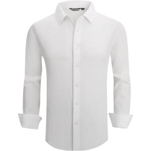 Alex Vando Mens Seersucker Dress Shirts Striped Business Casual Cotton Shirts for Men(White)