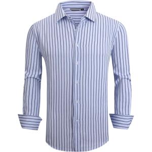 Alex Vando Mens Seersucker Dress Shirts Striped Business Casual Cotton Shirts for Men(Wide Blue)