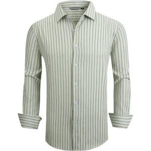 Alex Vando Mens Seersucker Dress Shirts Striped Business Casual Cotton Shirts for Men(Wide Green)