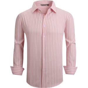 Alex Vando Mens Seersucker Dress Shirts Striped Business Casual Cotton Shirts for Men(Wide Pink)