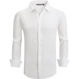 Alex Vando Mens Seersucker Dress Shirts Striped Business Casual Cotton Shirts for Men(Wide White)