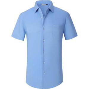 Alex Vando Mens Short Sleeve Dress Shirt Solid Cotton Stretch Button Down Shirt with Pocket(Blue)