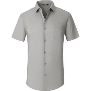 Alex Vando Mens Short Sleeve Dress Shirt Solid Cotton Stretch Button Down Shirt with Pocket(Grey)