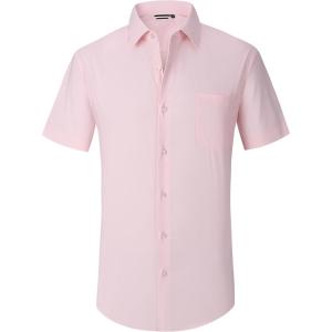 Alex Vando Mens Short Sleeve Dress Shirt Solid Cotton Stretch Button Down Shirt with Pocket(Pink)