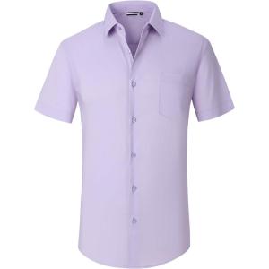 Alex Vando Mens Short Sleeve Dress Shirt Solid Cotton Stretch Button Down Shirt with Pocket(Purple)