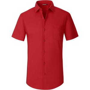 Alex Vando Mens Short Sleeve Dress Shirt Solid Cotton Stretch Button Down Shirt with Pocket(Red)