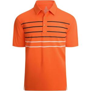 Alex Vando Mens Striped Golf Shirt Moisture Wicking Quick-Dry Sports Polo Shirts(Orange Stripe)