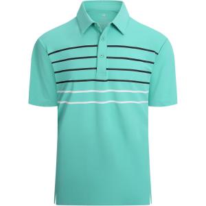 Alex Vando Mens Striped Golf Shirt Moisture Wicking Quick-Dry Sports Polo Shirts(Teal Stripe)