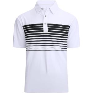 Alex Vando Mens Striped Golf Shirt Moisture Wicking Quick-Dry Sports Polo Shirts(White Stripe)
