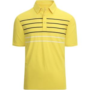 Alex Vando Mens Striped Golf Shirt Moisture Wicking Quick-Dry Sports Polo Shirts(Yellow Stripe)