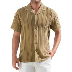Alex Vando Mens Summer Shirts See Through Sheer Lace Casual Short Sleeve Button Down Beach Shirt(135 Khaki)