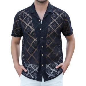 Alex Vando Mens Summer Shirts See Through Sheer Lace Casual Short Sleeve Button Down Beach Shirt(Black)
