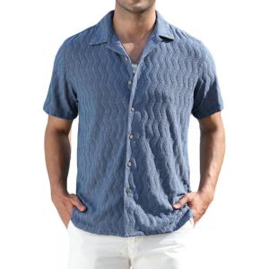 Alex Vando Mens Summer Shirts See Through Sheer Lace Casual Short Sleeve Button Down Beach Shirt(Blue)
