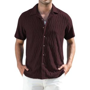 Alex Vando Mens Summer Shirts See Through Sheer Lace Casual Short Sleeve Button Down Beach Shirt(Burgundy)