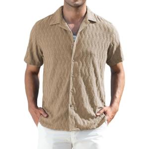 Alex Vando Mens Summer Shirts See Through Sheer Lace Casual Short Sleeve Button Down Beach Shirt(Khaki)