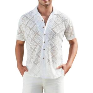 Alex Vando Mens Summer Shirts See Through Sheer Lace Casual Short Sleeve Button Down Beach Shirt(Square White)