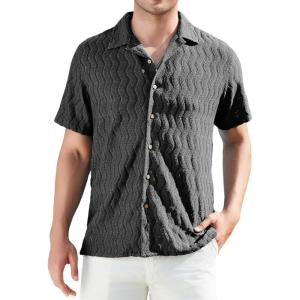 Alex Vando Mens Summer Shirts See Through Sheer Lace Casual Short Sleeve Button Down Beach Shirt(Wave Black)
