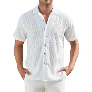 Alex Vando Mens Summer Shirts See Through Sheer Lace Casual Short Sleeve Button Down Beach Shirt(Wave White)