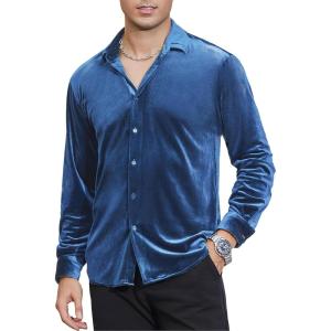 Alex Vando Mens Velvet Shirts Regular Fit Long Sleeve Soft Stretch Casual Button Down Shirt(Blue)
