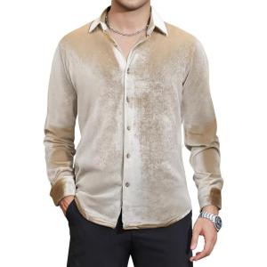 Alex Vando Mens Velvet Shirts Regular Fit Long Sleeve Soft Stretch Casual Button Down Shirt(Khaki)