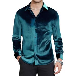 Alex Vando Mens Velvet Shirts Regular Fit Long Sleeve Soft Stretch Casual Button Down Shirt(Peacock Blue)