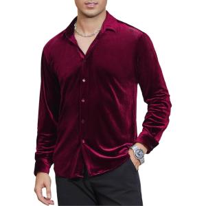 Alex Vando Mens Velvet Shirts Regular Fit Long Sleeve Soft Stretch Casual Button Down Shirt(Wine)