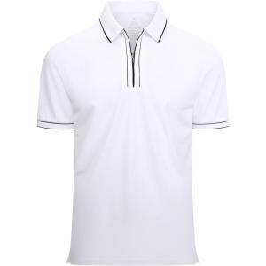 Alex Vando Mens Zipper Golf Shirt Moisture Wicking Zip Up Solid Fashion Polo Shirts(White)
