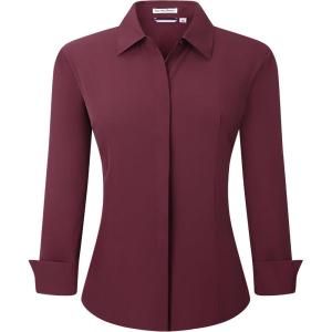 Alex Vando Womens Dress Shirts Wrinkle Free Regular Fit Long Sleeve Stretch Work Shirt(Hidden Placket Burgundy)