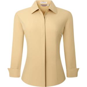 Alex Vando Womens Dress Shirts Wrinkle Free Regular Fit Long Sleeve Stretch Work Shirt(Hidden Placket Khaki)