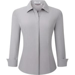 Alex Vando Womens Dress Shirts Wrinkle Free Regular Fit Long Sleeve Stretch Work Shirt(Hidden Placket Lt Grey)