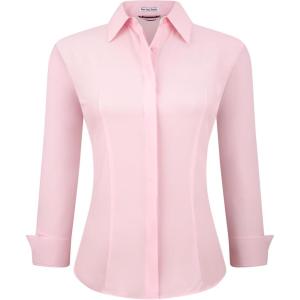 Alex Vando Womens Dress Shirts Wrinkle Free Regular Fit Long Sleeve Stretch Work Shirt(Hidden Placket Pink)