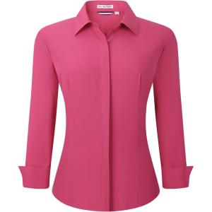 Alex Vando Womens Dress Shirts Wrinkle Free Regular Fit Long Sleeve Stretch Work Shirt(Hidden Placket Rose)