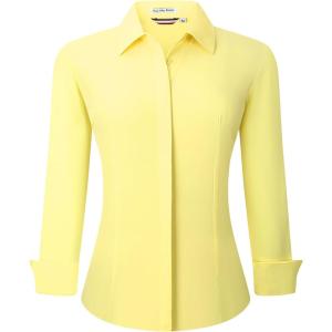 Alex Vando Womens Dress Shirts Wrinkle Free Regular Fit Long Sleeve Stretch Work Shirt(Hidden Placket Yellow)
