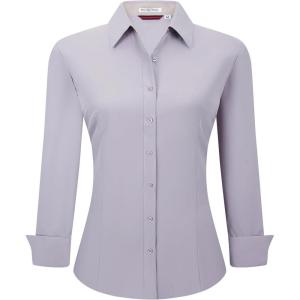 Alex Vando Womens Dress Shirts Wrinkle Free Regular Fit Long Sleeve Stretch Work Shirt(Lt Grey)