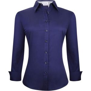 Alex Vando Womens Dress Shirts Wrinkle Free Regular Fit Long Sleeve Stretch Work Shirt(Navy)