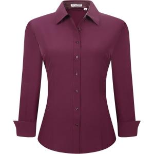 Alex Vando Womens Dress Shirts Wrinkle Free Regular Fit Long Sleeve Stretch Work Shirt(Wine)