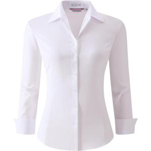 Alex Vando Womens Dress Shirts Wrinkle Free Regular Fit Long Sleeve Stretch Work Shirt(Wrinkle Free White)