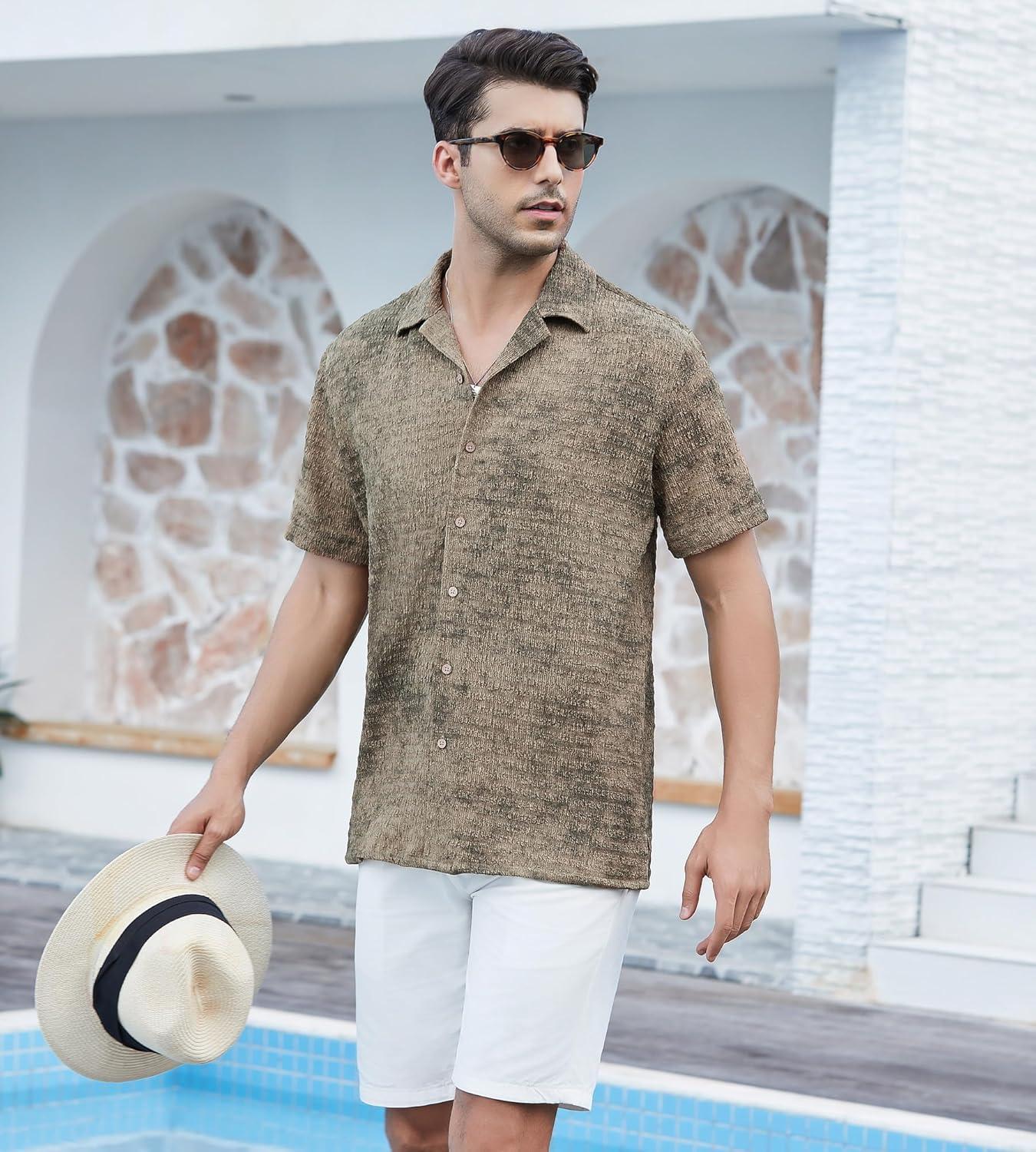 imageAlex Vando Mens Hawaiian Shirts Short Sleeve Summer Aloha Hawaii ShirtsKhakiBlack